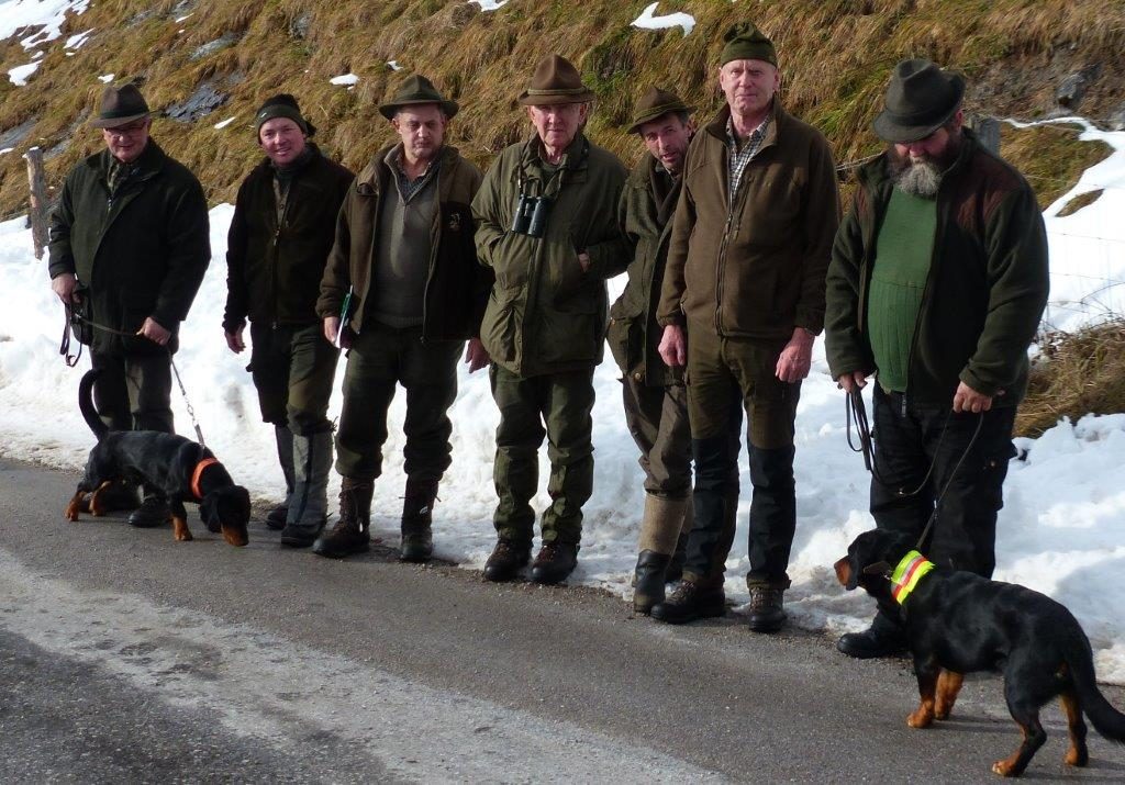 Vorprüfung der lauten Jagd Salzburg 2018 - vlnr: HF Kurt Schlechtleitner, RA Thomas Winkler, PL Hans Fercher, R Peter Rohrmoser, R Roland Habringer, R Elmar Josef Buchner, HF Josef Gruber